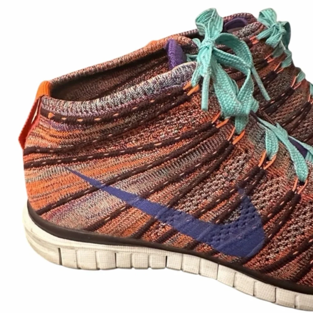 Nike Flyknit Chukka Multicolor Knit Sneakers Teal Laces Purple Swoosh Women’s 8
